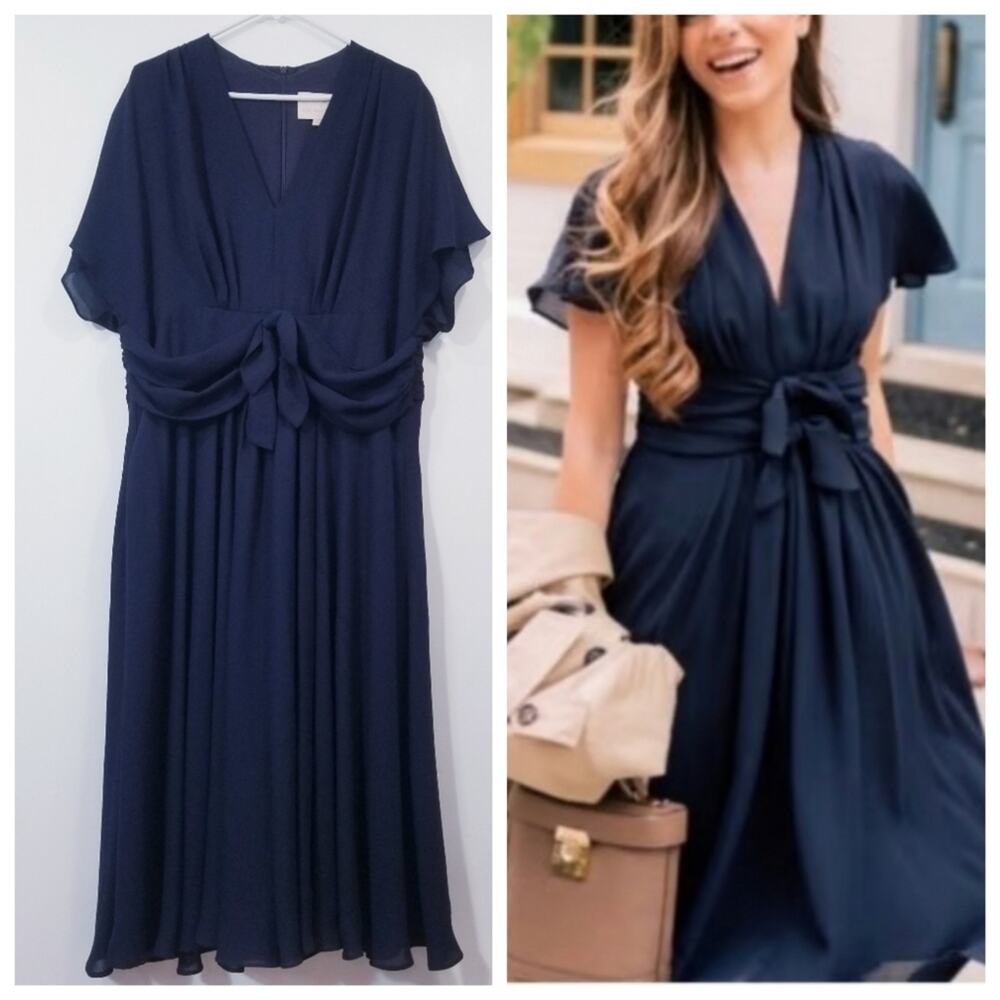Gal Meets Glam Navy Blue Women Dress Pleated V-Neckline Flutter Sleeves